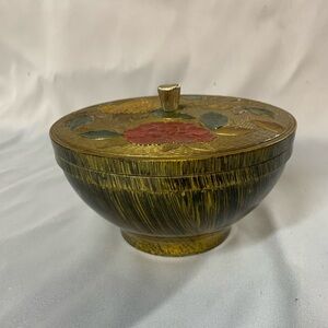 Vintage Japanese Enamel Giftwood Decorative Bowl with Floral Design